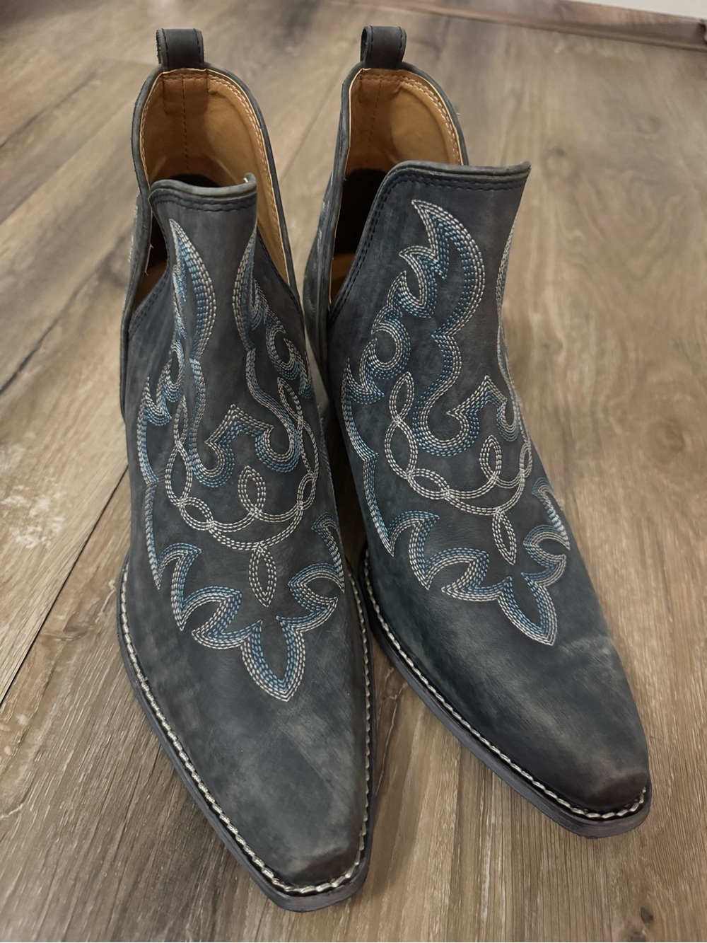 Myra Bag Gray Suede Western Ankle Booties with Embroidered Detail - Picture 3 of 7